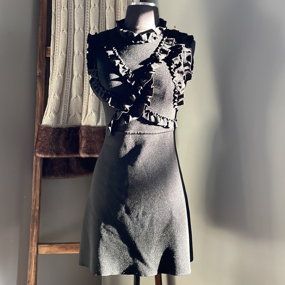 Zara black a-line knit dress with ruffle trim & decor on top front. Slight flare - Picture 3 of 14